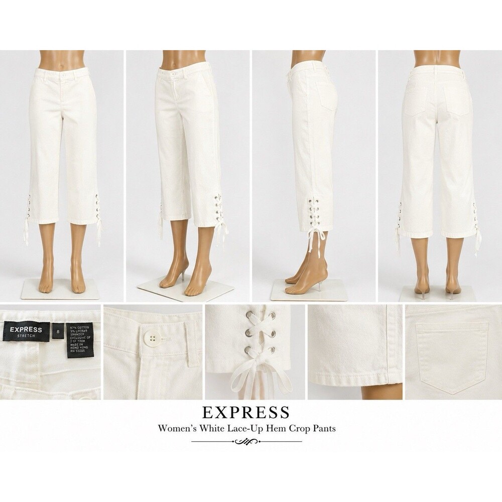 Express White Stretch Womenns Lace Up Hem Crop  SZ8 Pants Cotton Blend Casual Y2